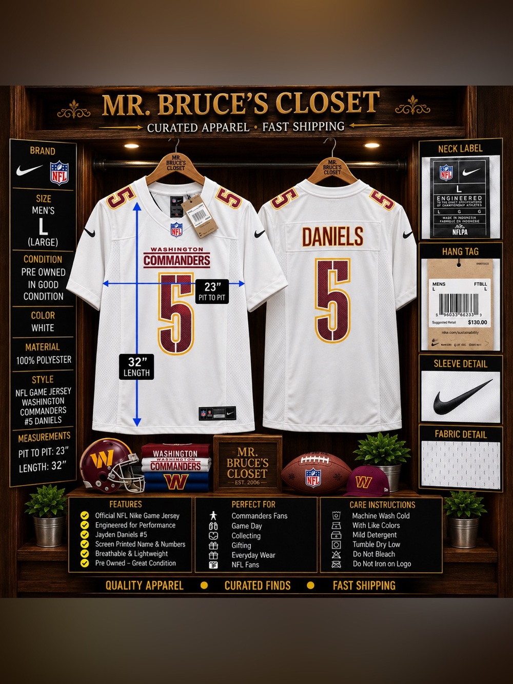 NFL Washington Commanders White #5 Daniels Jersey